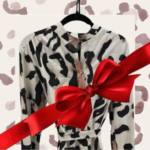 🎁GIFT IDEA! Chic Black White Tan Artistic Animal Print Style Long Sleeve Dress